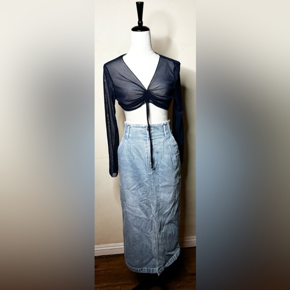 Mesh Sheer long Sleeve Crop Top with ties underbust v neck fishnet ruched noir - Picture 2 of 8